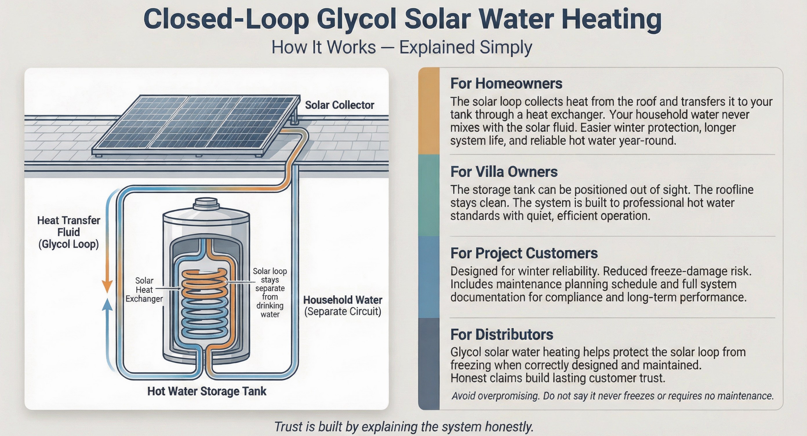 Closed-loop glycol solar water heating explained simply with solar collector, glycol loop, heat exchanger, separate household water circuit and customer-focused benefits